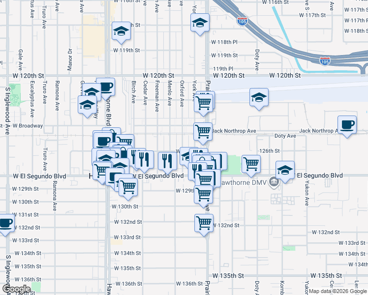 map of restaurants, bars, coffee shops, grocery stores, and more near 12536 Oxford Avenue in Hawthorne
