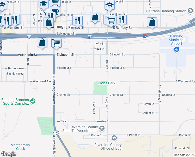 map of restaurants, bars, coffee shops, grocery stores, and more near East Westward Avenue in Banning