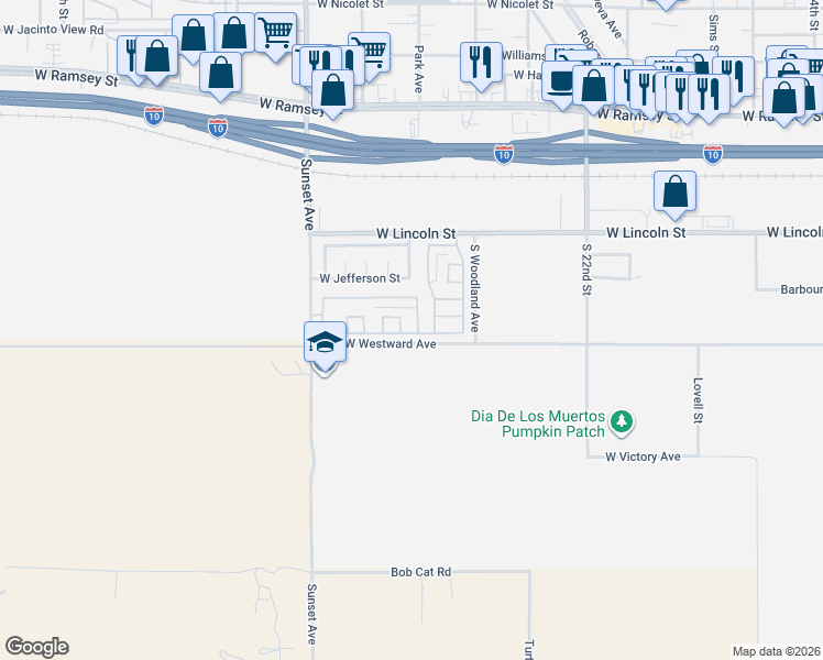 map of restaurants, bars, coffee shops, grocery stores, and more near 769 Amber Sky Street in Banning