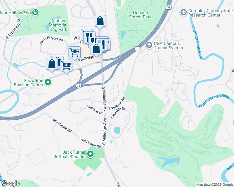 map of restaurants, bars, coffee shops, grocery stores, and more near 2830 Riverbend Road in Athens