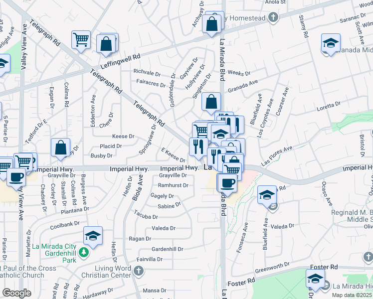 map of restaurants, bars, coffee shops, grocery stores, and more near 12309 Wicker Drive in Whittier