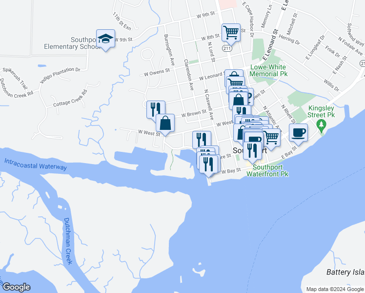 map of restaurants, bars, coffee shops, grocery stores, and more near Brunswick Court in Southport