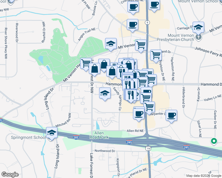 map of restaurants, bars, coffee shops, grocery stores, and more near 142 Reddington Place Northeast in Atlanta