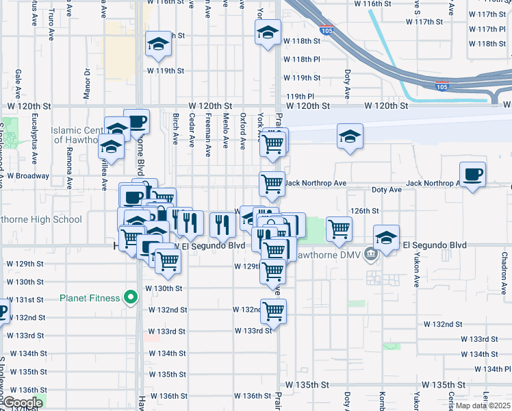 map of restaurants, bars, coffee shops, grocery stores, and more near 12605 York Avenue in Hawthorne