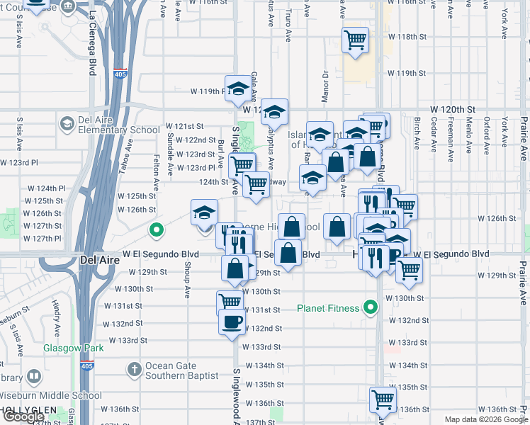 map of restaurants, bars, coffee shops, grocery stores, and more near 12531 Eucalyptus Avenue in Hawthorne