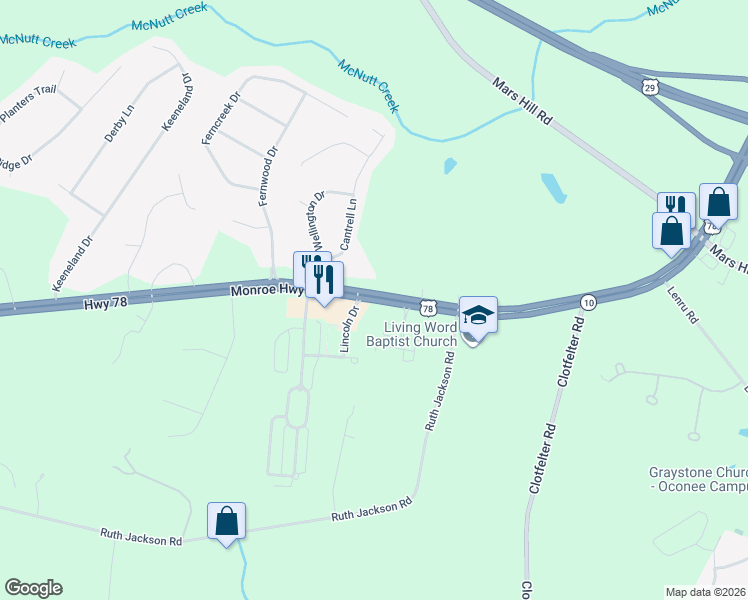 map of restaurants, bars, coffee shops, grocery stores, and more near 2901 Monroe Highway in Watkinsville
