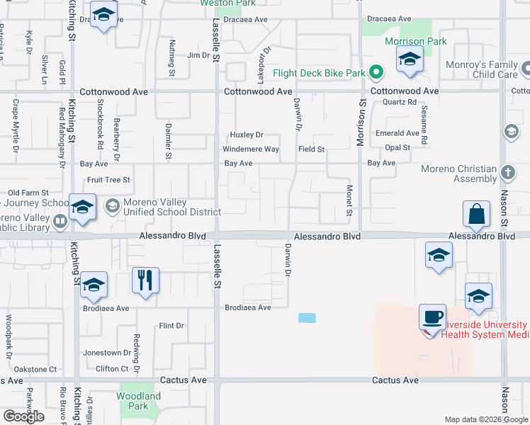 map of restaurants, bars, coffee shops, grocery stores, and more near 26381 Alessandro Boulevard in Moreno Valley