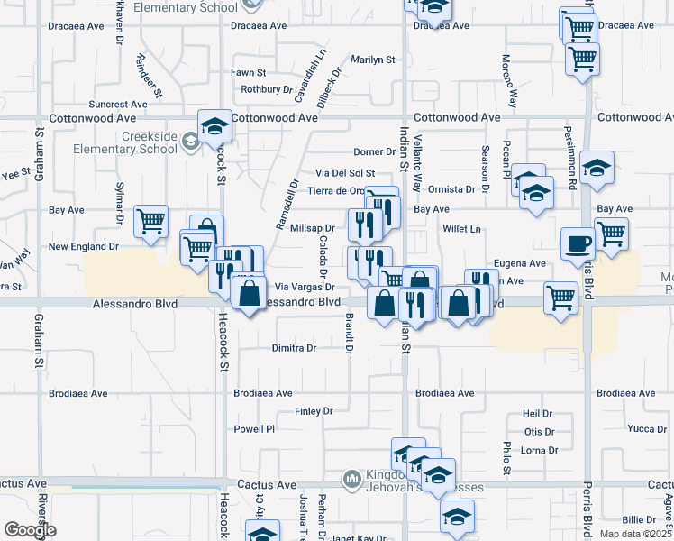 map of restaurants, bars, coffee shops, grocery stores, and more near 24298 Via Vargas Drive in Moreno Valley