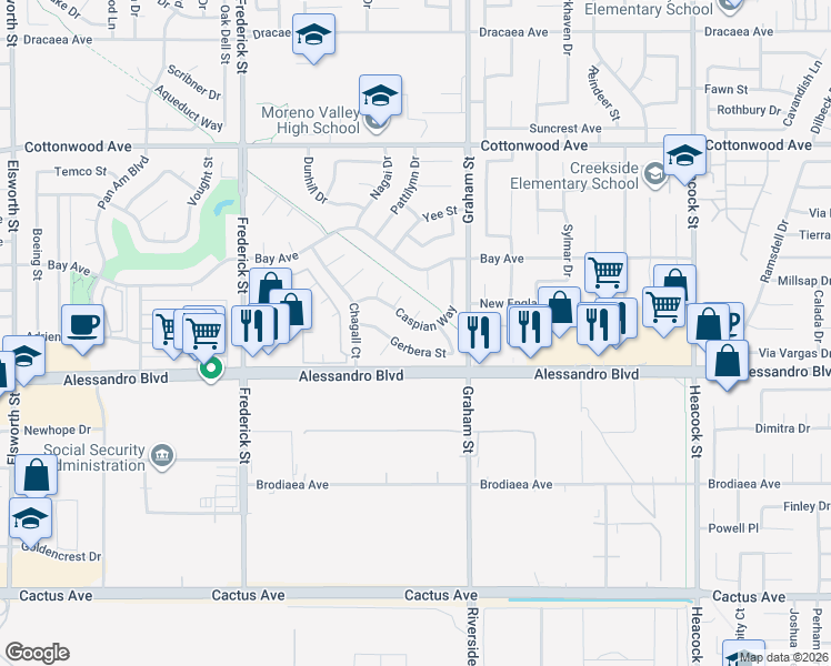 map of restaurants, bars, coffee shops, grocery stores, and more near 23325 Gerbera Street in Moreno Valley