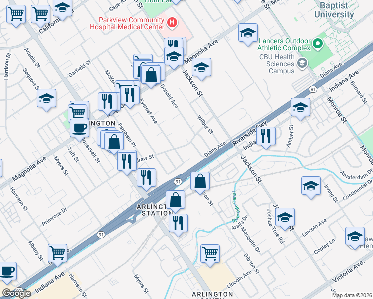 map of restaurants, bars, coffee shops, grocery stores, and more near 9246 Martha Way in Riverside