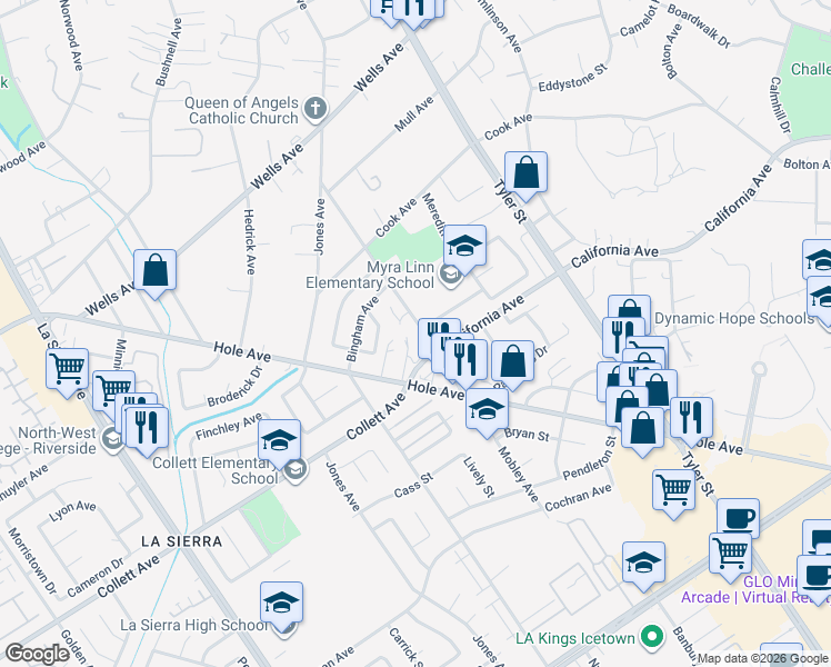 map of restaurants, bars, coffee shops, grocery stores, and more near 10583 Hole Avenue in Riverside