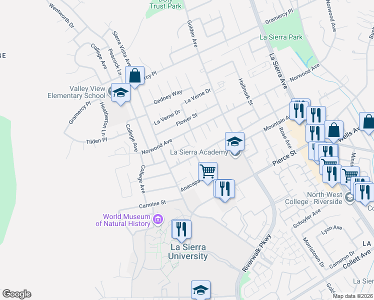 map of restaurants, bars, coffee shops, grocery stores, and more near 11511 Doverwood Drive in Riverside