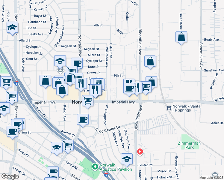 map of restaurants, bars, coffee shops, grocery stores, and more near 12512 Volunteer Avenue in Norwalk