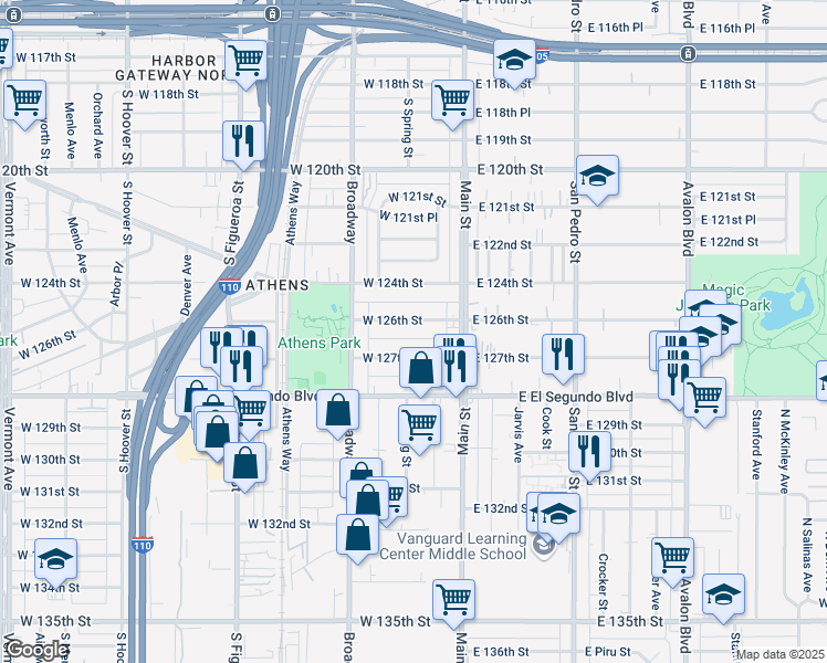 map of restaurants, bars, coffee shops, grocery stores, and more near 211 West 127th Street in Los Angeles
