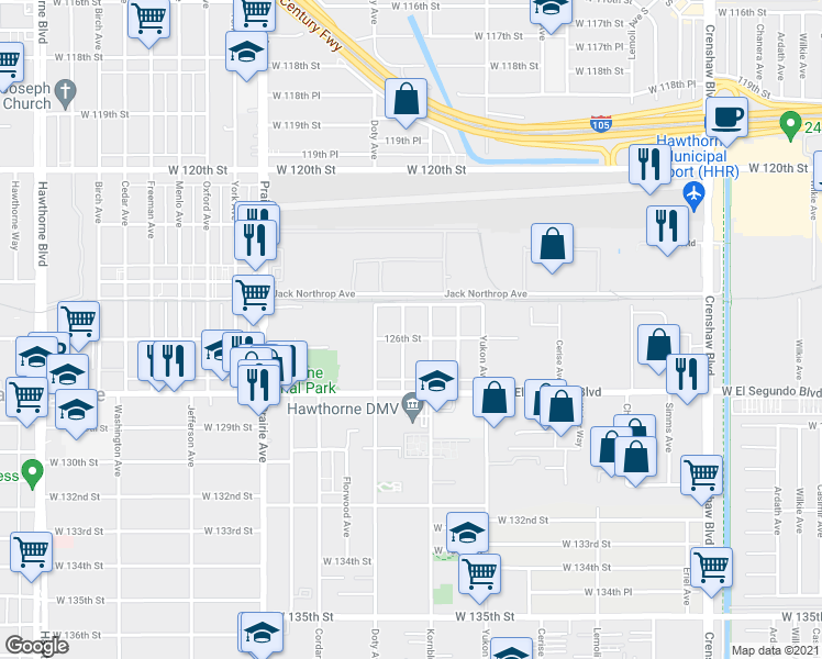 map of restaurants, bars, coffee shops, grocery stores, and more near 12606 Fonthill Avenue in Hawthorne