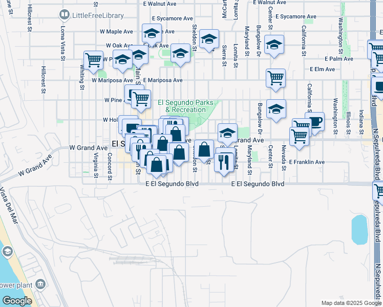 map of restaurants, bars, coffee shops, grocery stores, and more near 427 East Franklin Avenue in El Segundo