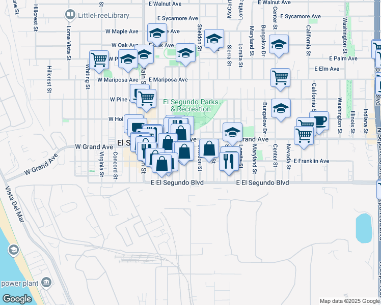 map of restaurants, bars, coffee shops, grocery stores, and more near 427 East Franklin Avenue in El Segundo