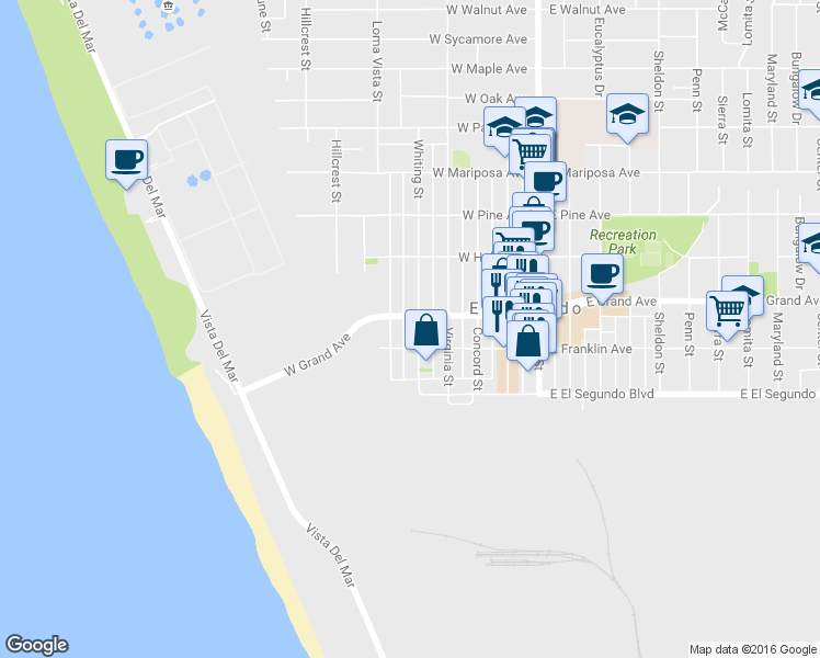 map of restaurants, bars, coffee shops, grocery stores, and more near 202 Whiting Street in El Segundo