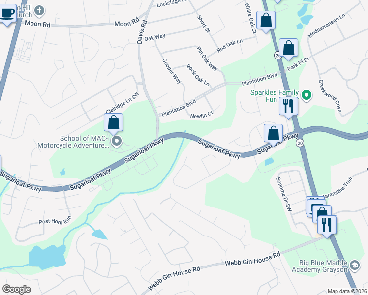 map of restaurants, bars, coffee shops, grocery stores, and more near 830 Johns Landing Way in Lawrenceville