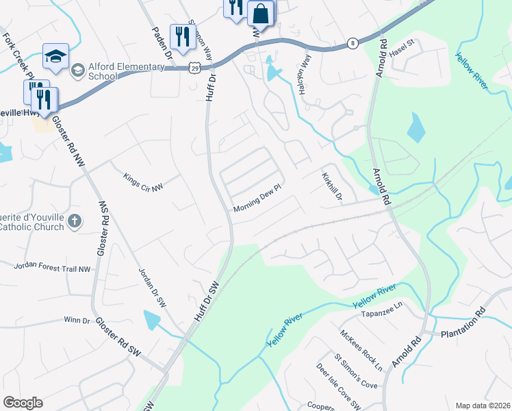 map of restaurants, bars, coffee shops, grocery stores, and more near 2422 Morning Dew Place in Lawrenceville