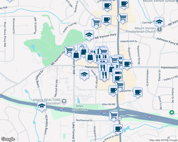 map of restaurants, bars, coffee shops, grocery stores, and more near 142 Reddington Place Northeast in Atlanta