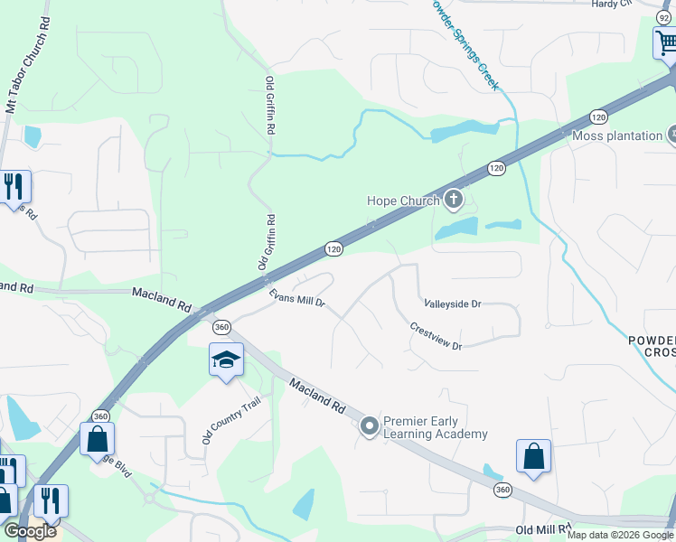 map of restaurants, bars, coffee shops, grocery stores, and more near 446 Camry Circle in Dallas