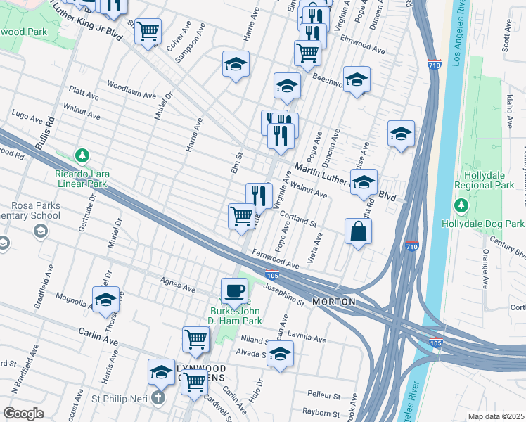 map of restaurants, bars, coffee shops, grocery stores, and more near 11619 Virginia Avenue in Lynwood