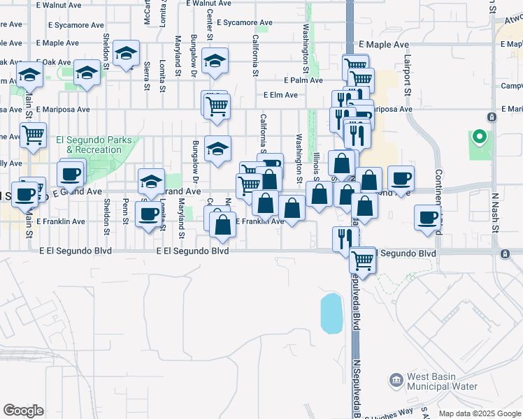 map of restaurants, bars, coffee shops, grocery stores, and more near 1401 East Franklin Avenue in El Segundo