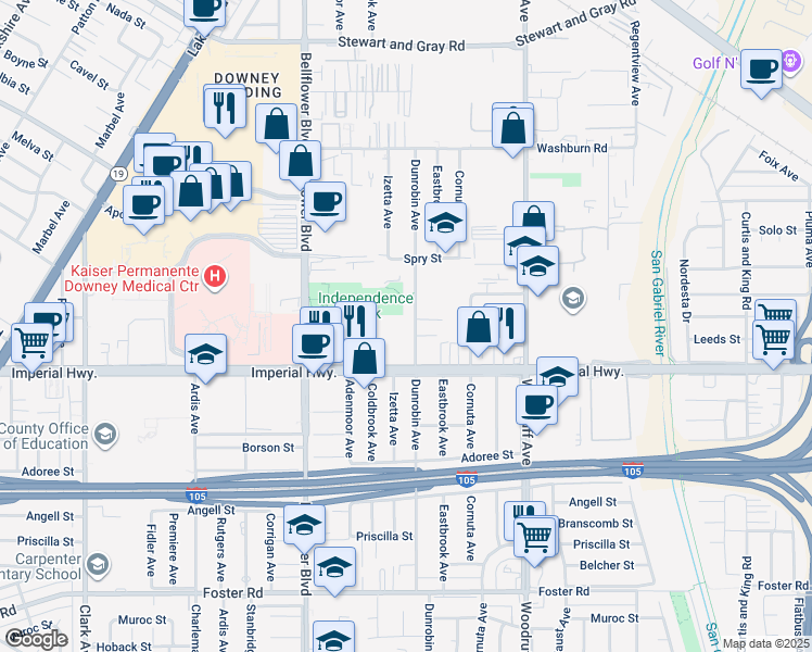 map of restaurants, bars, coffee shops, grocery stores, and more near 12415 Dunrobin Avenue in Downey