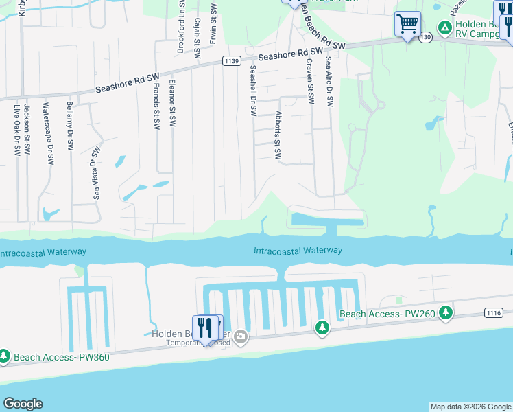 map of restaurants, bars, coffee shops, grocery stores, and more near 2882 Andrews Drive Southwest in Supply