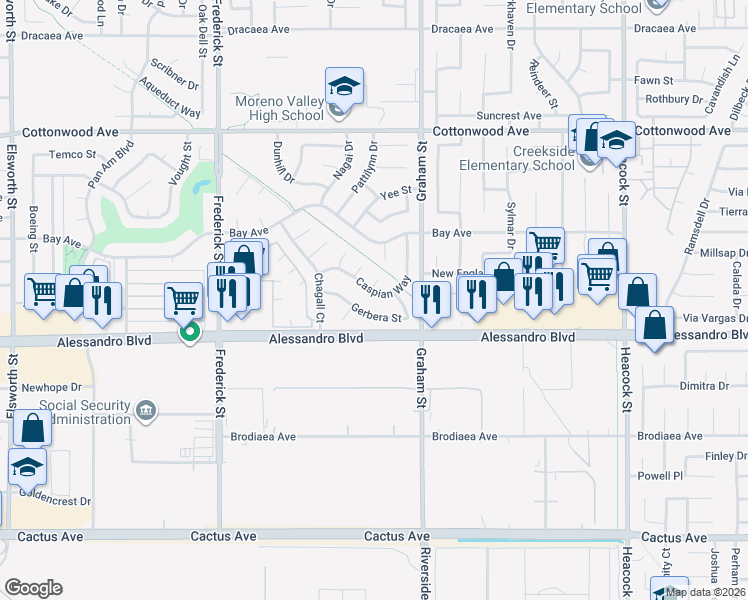 map of restaurants, bars, coffee shops, grocery stores, and more near 23325 Gerbera Street in Moreno Valley