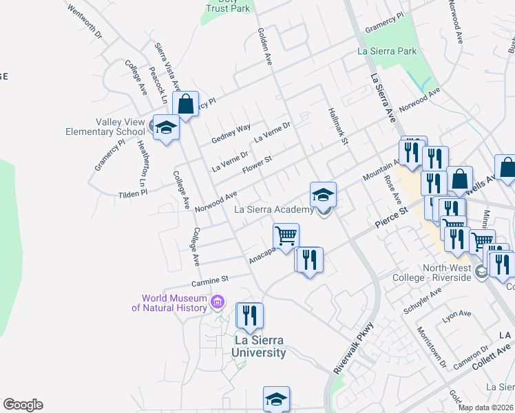 map of restaurants, bars, coffee shops, grocery stores, and more near 11511 Doverwood Drive in Riverside