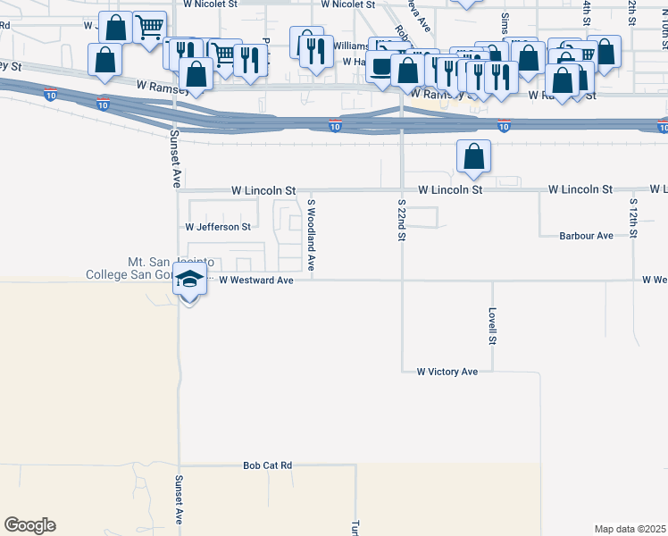 map of restaurants, bars, coffee shops, grocery stores, and more near 2485 West Westward Avenue in Banning