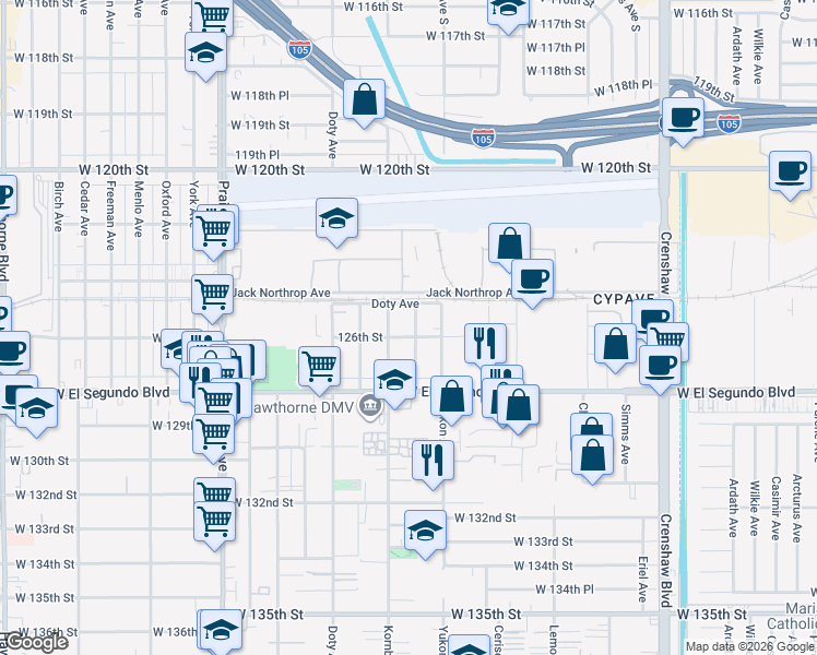 map of restaurants, bars, coffee shops, grocery stores, and more near 12523 Cranbrook Avenue in Hawthorne