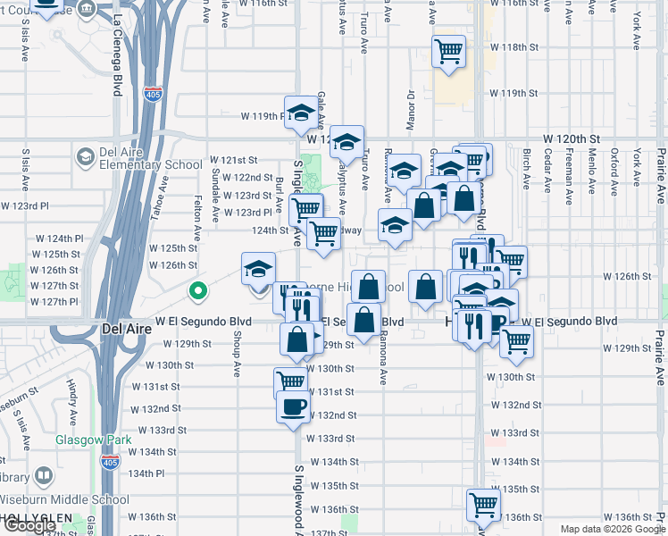 map of restaurants, bars, coffee shops, grocery stores, and more near 12531 Eucalyptus Avenue in Hawthorne