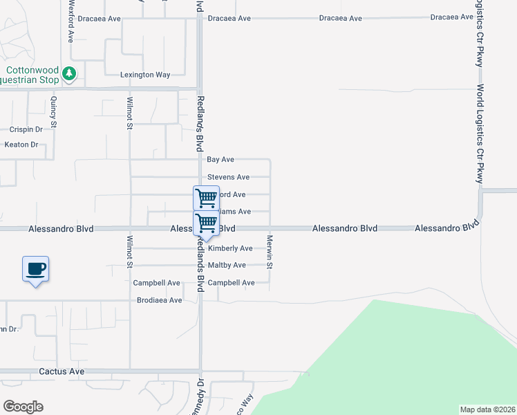 map of restaurants, bars, coffee shops, grocery stores, and more near 29220 Williams Avenue in Moreno Valley