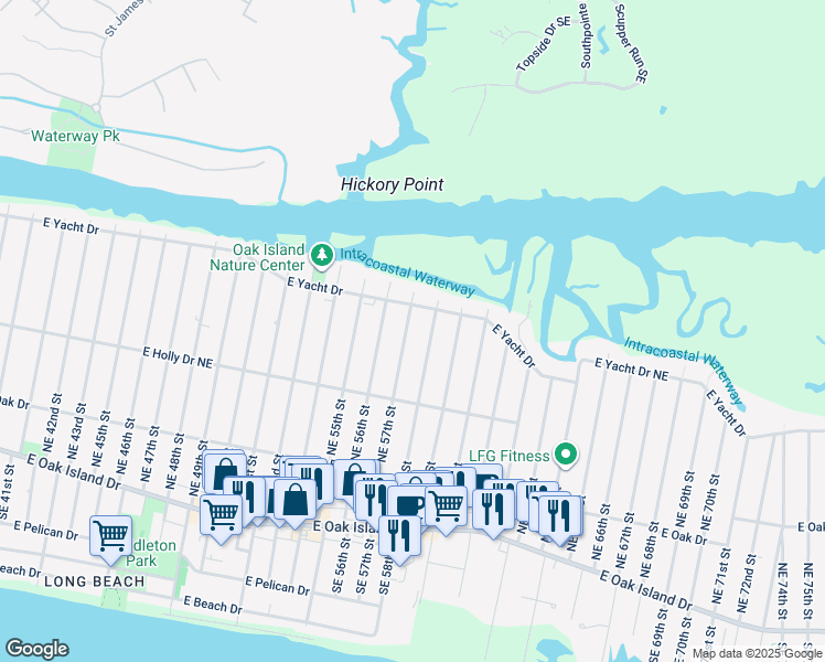 map of restaurants, bars, coffee shops, grocery stores, and more near 330 Northeast 57th Street in Oak Island
