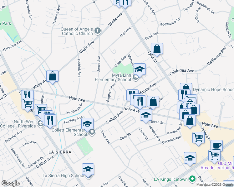 map of restaurants, bars, coffee shops, grocery stores, and more near 10594 Young Street in Riverside