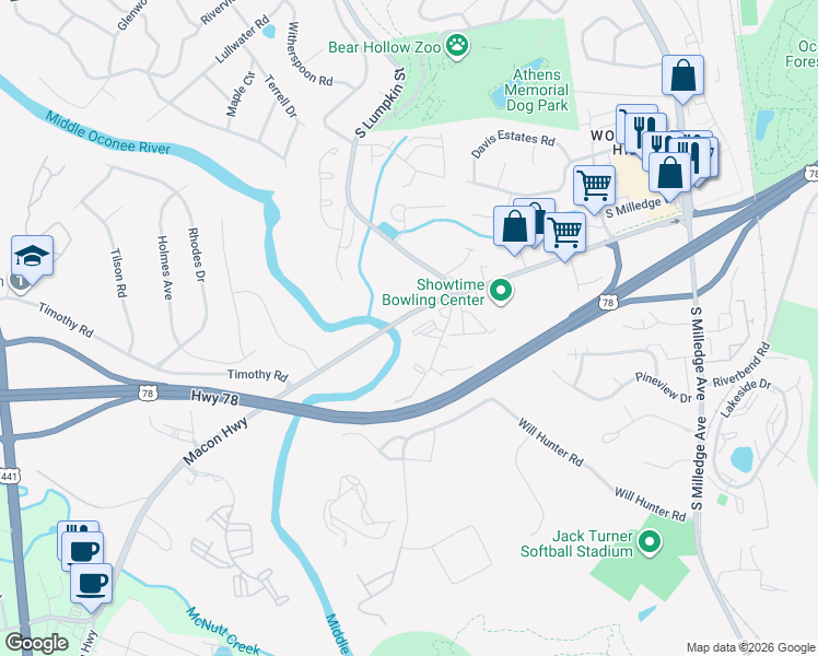 map of restaurants, bars, coffee shops, grocery stores, and more near 148 Old Will Hunter Road in Athens