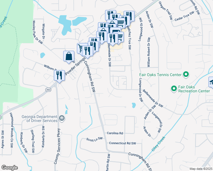 map of restaurants, bars, coffee shops, grocery stores, and more near 822 Bellemeade Way Southwest in Marietta