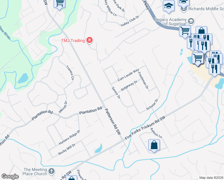map of restaurants, bars, coffee shops, grocery stores, and more near 410 Senior Drive in Lawrenceville