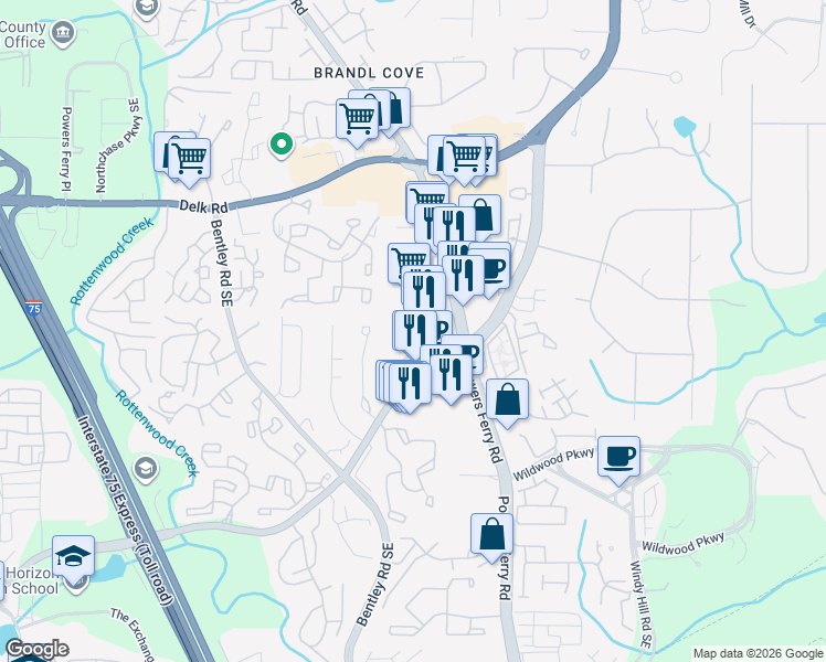 map of restaurants, bars, coffee shops, grocery stores, and more near 1486 Terrell Mill Road in Marietta