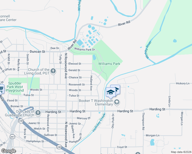 map of restaurants, bars, coffee shops, grocery stores, and more near 1202 Williams Avenue in Wichita Falls