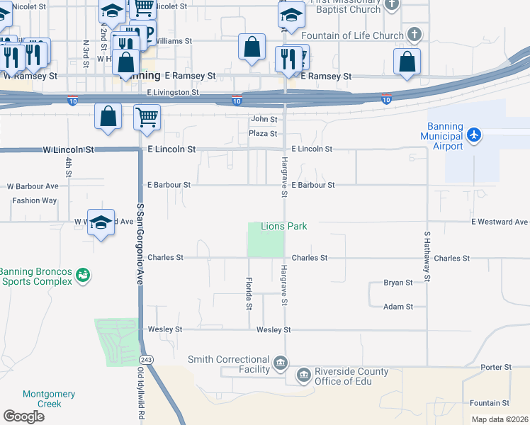 map of restaurants, bars, coffee shops, grocery stores, and more near East Westward Avenue in Banning