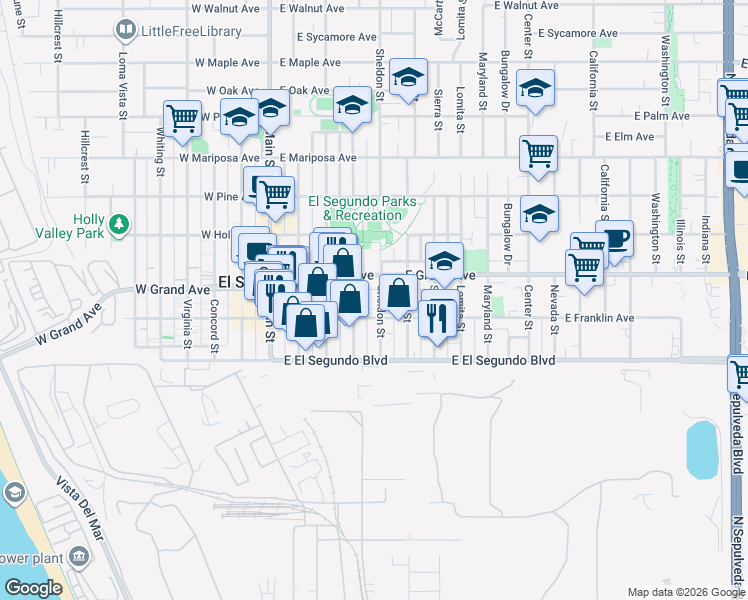 map of restaurants, bars, coffee shops, grocery stores, and more near 427 East Franklin Avenue in El Segundo