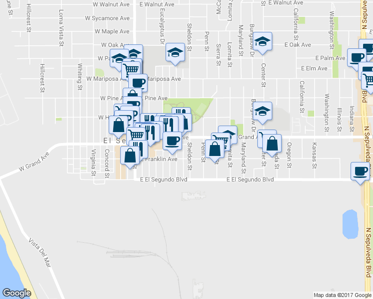 map of restaurants, bars, coffee shops, grocery stores, and more near 221 Sheldon Street in El Segundo