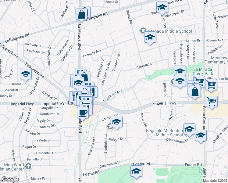 map of restaurants, bars, coffee shops, grocery stores, and more near 15200 Las Flores Avenue in La Mirada