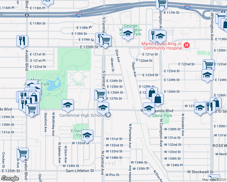 map of restaurants, bars, coffee shops, grocery stores, and more near 1248 East 126th Street in Los Angeles