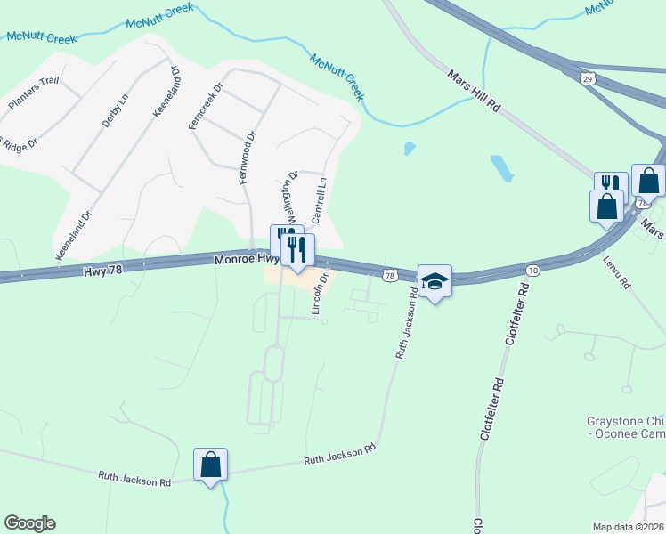map of restaurants, bars, coffee shops, grocery stores, and more near 2891 Monroe Highway in Watkinsville