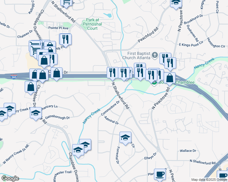 map of restaurants, bars, coffee shops, grocery stores, and more near 4306 North Shallowford Road in Atlanta